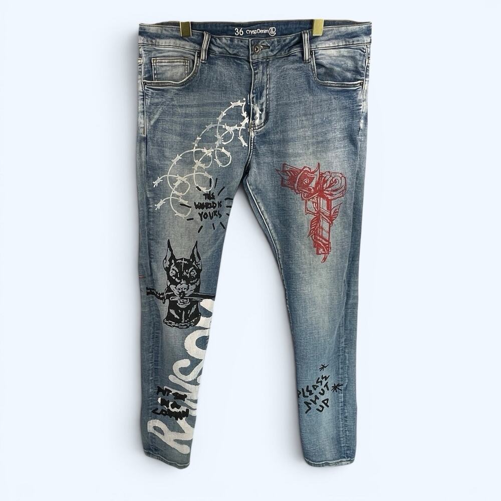 Crysp Atlantic Denim Men's Skinny Fit Graffiti Print Jeans Size 36x32